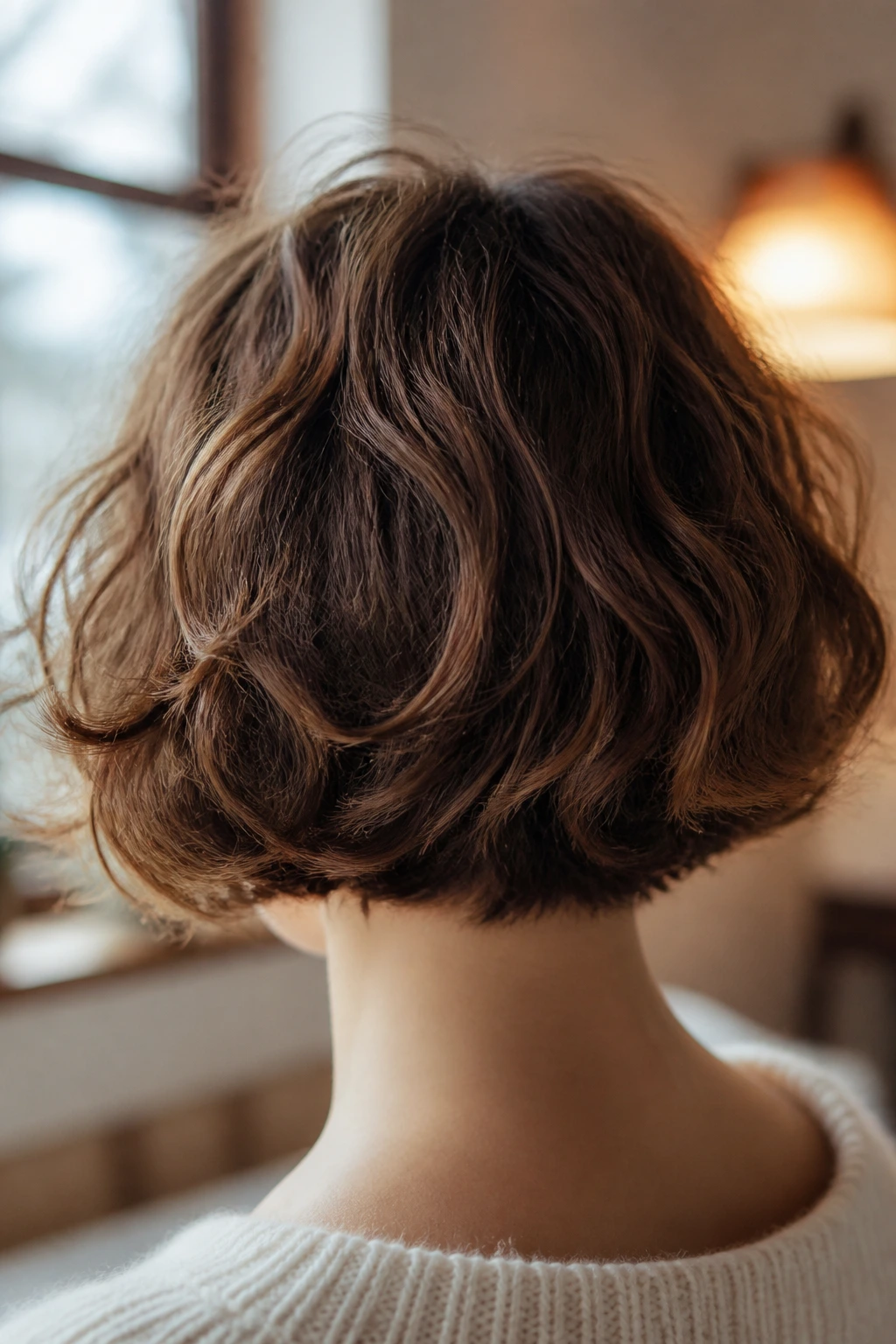 Back view of real woman with a wavy French bob