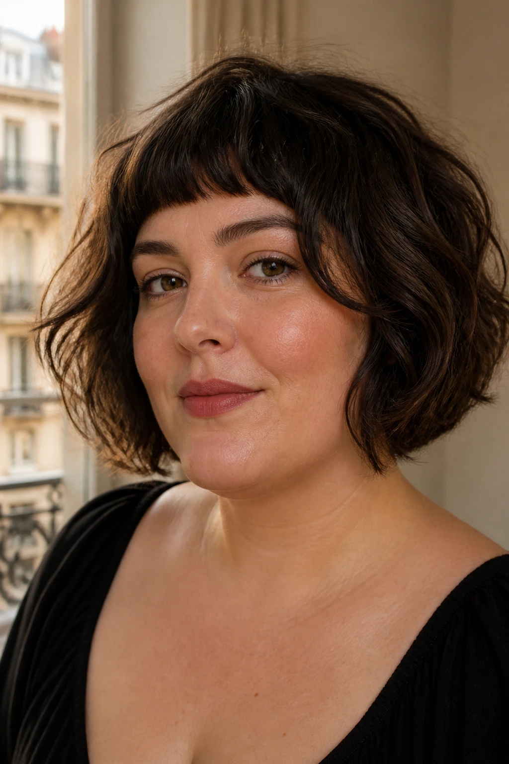 Close-up of a real woman with a wavy French bob and short fringe in warm window light
