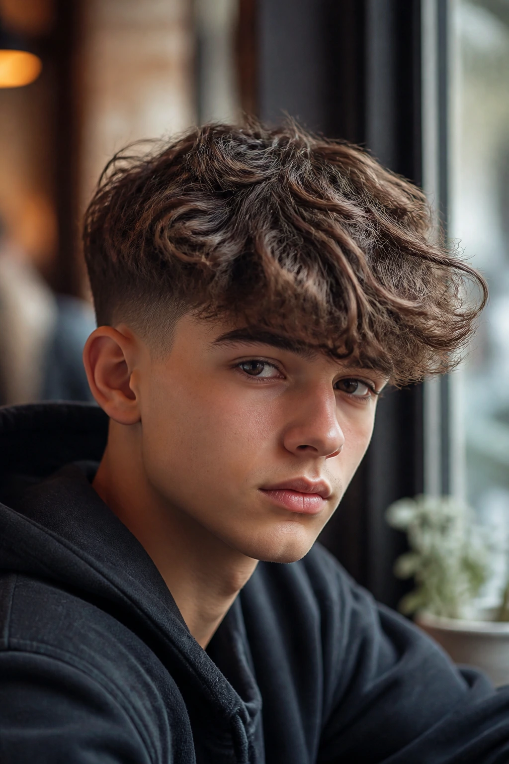 Teenage boy with a wavy fringe in cafe window light