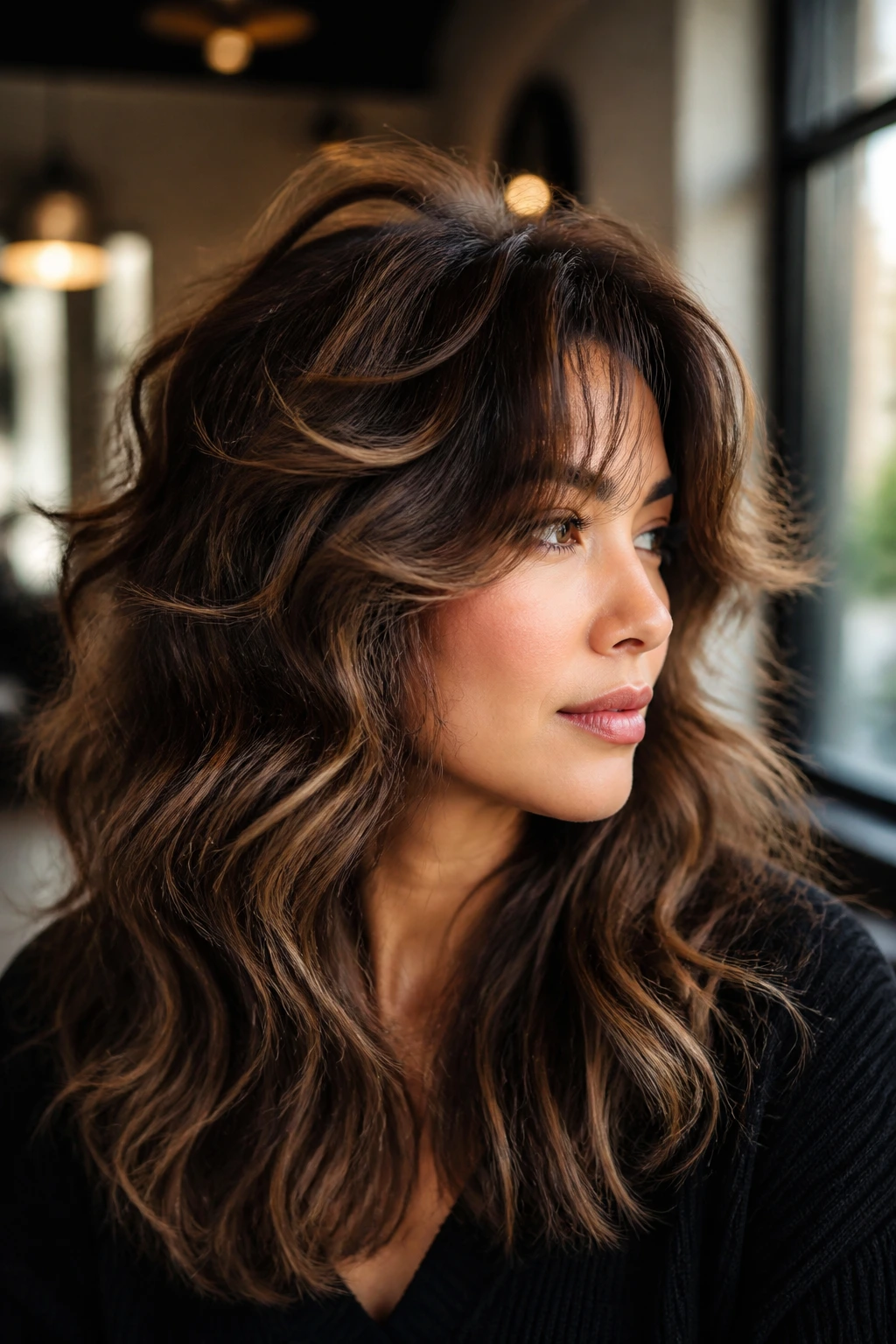 Close-up of a real person with wavy hair and crown layers in natural window light.