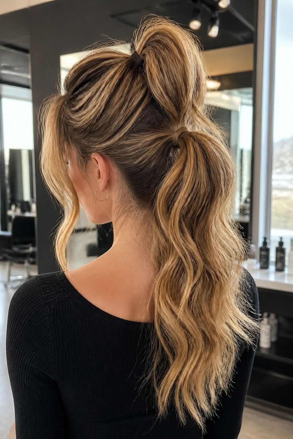 Back view of a real woman with two stacked wavy high ponytails.