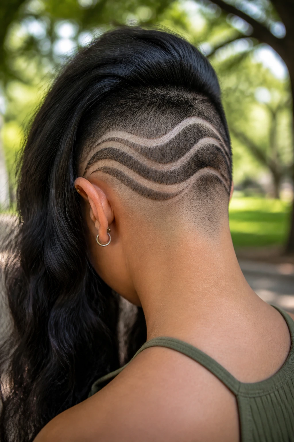 Back-of-head close-up with wavy shaved lines along the skull