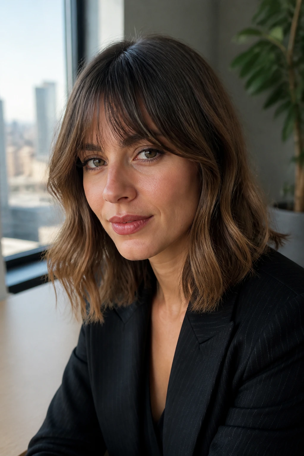 Close-up of a woman with wavy lob and Bardot bangs in office setting