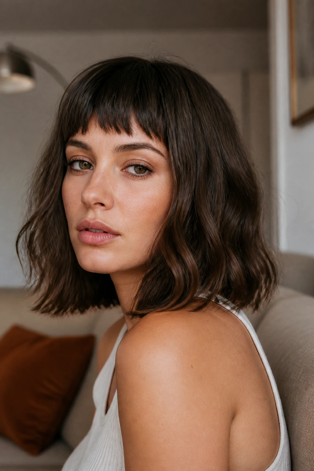 Close-up of a real woman with a wavy lob and blunt bangs under natural window light