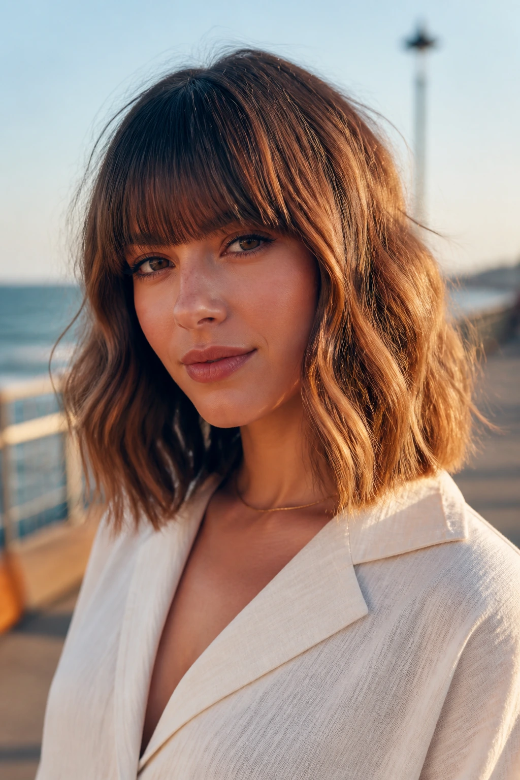 Head-and-shoulders portrait of a real woman with wavy lob and blunt bangs at golden hour.