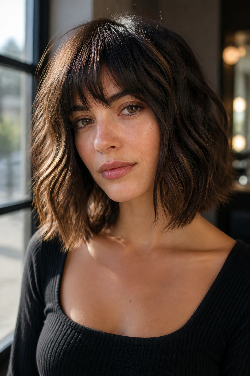 Close-up of a real person with a wavy lob and choppy bangs in natural salon light.