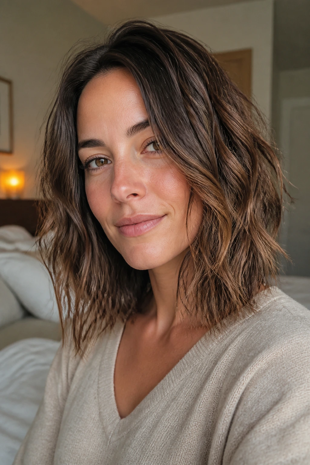 Close-up portrait of a real woman with a wavy lob and choppy layers in warm natural light
