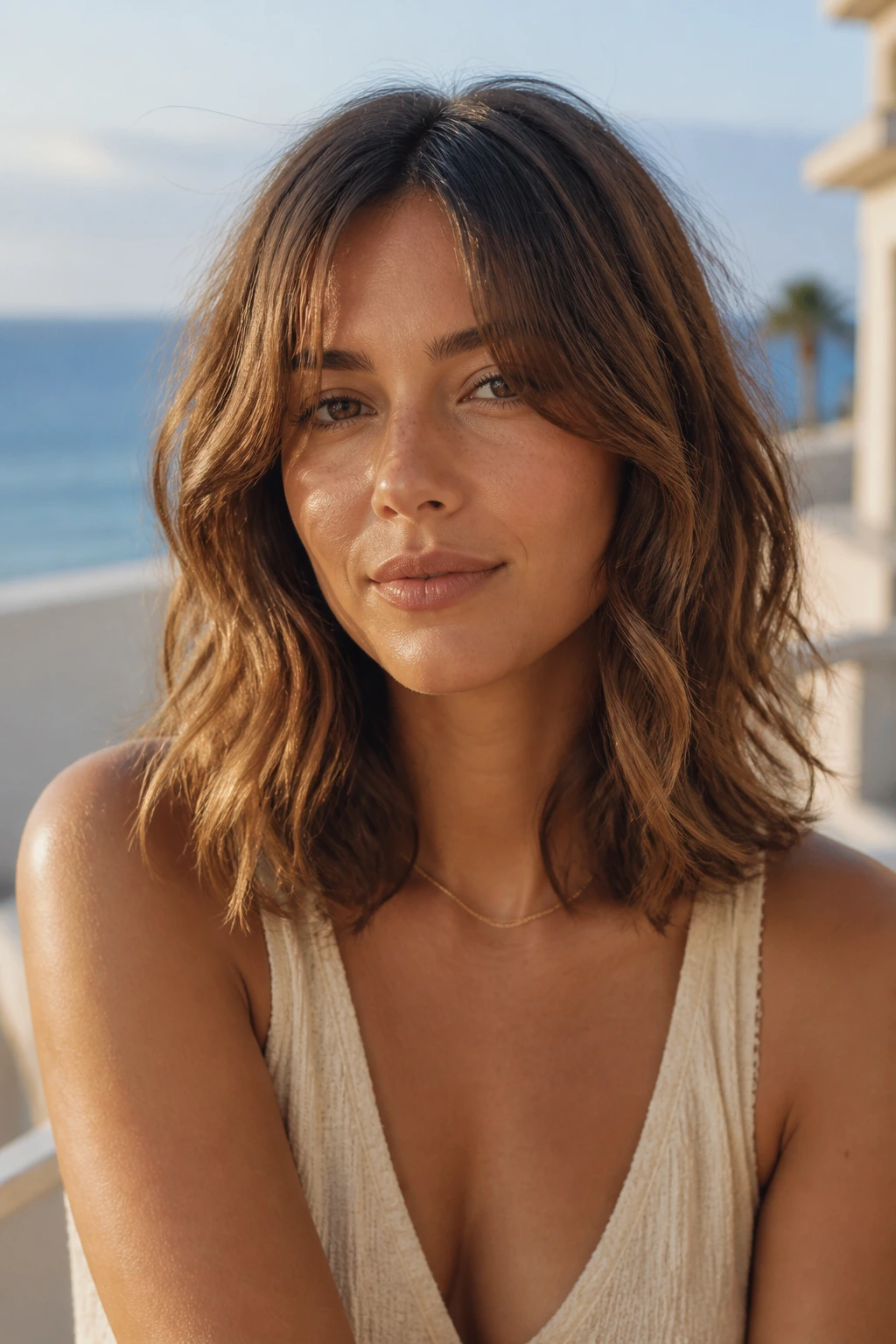 Portrait of a real woman with a wavy lob and face-framing fringes on an outdoor terrace near the coast.