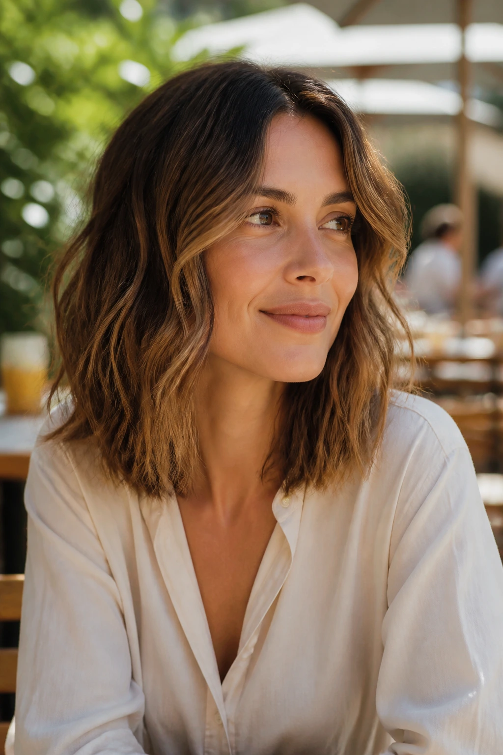 Medium close-up of real person with wavy lob and cheekbone-starting layers in outdoor cafe light.