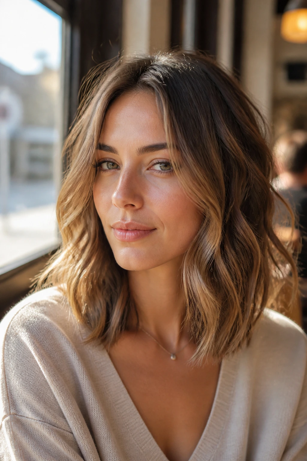 Close-up of a real woman with a wavy long bob at collarbone length in a sunlit cafe.