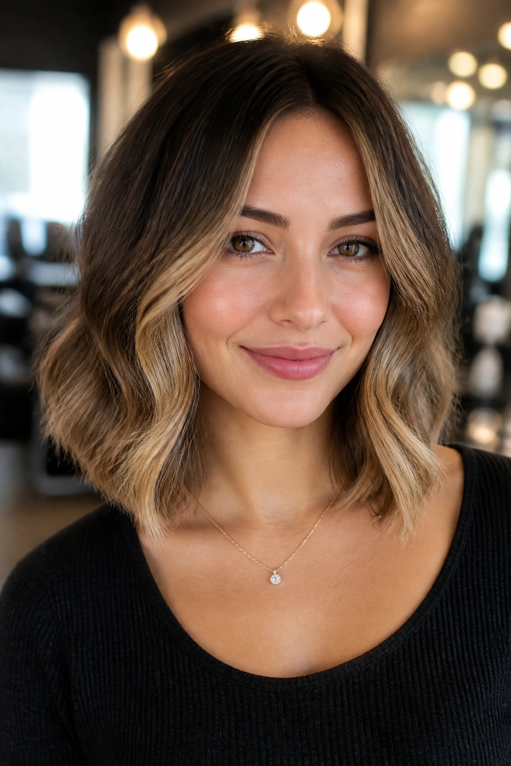 Close-up of a real woman with a wavy lob and face-framing highlights