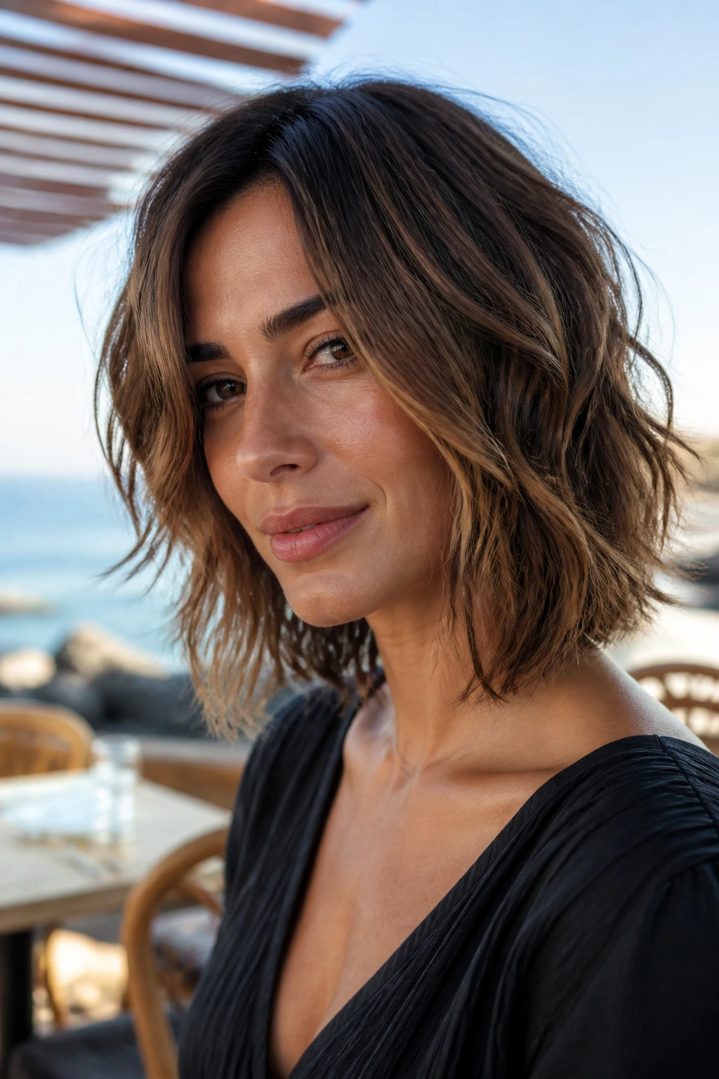 Close-up of wavy lob with choppy layers on real person outdoors.