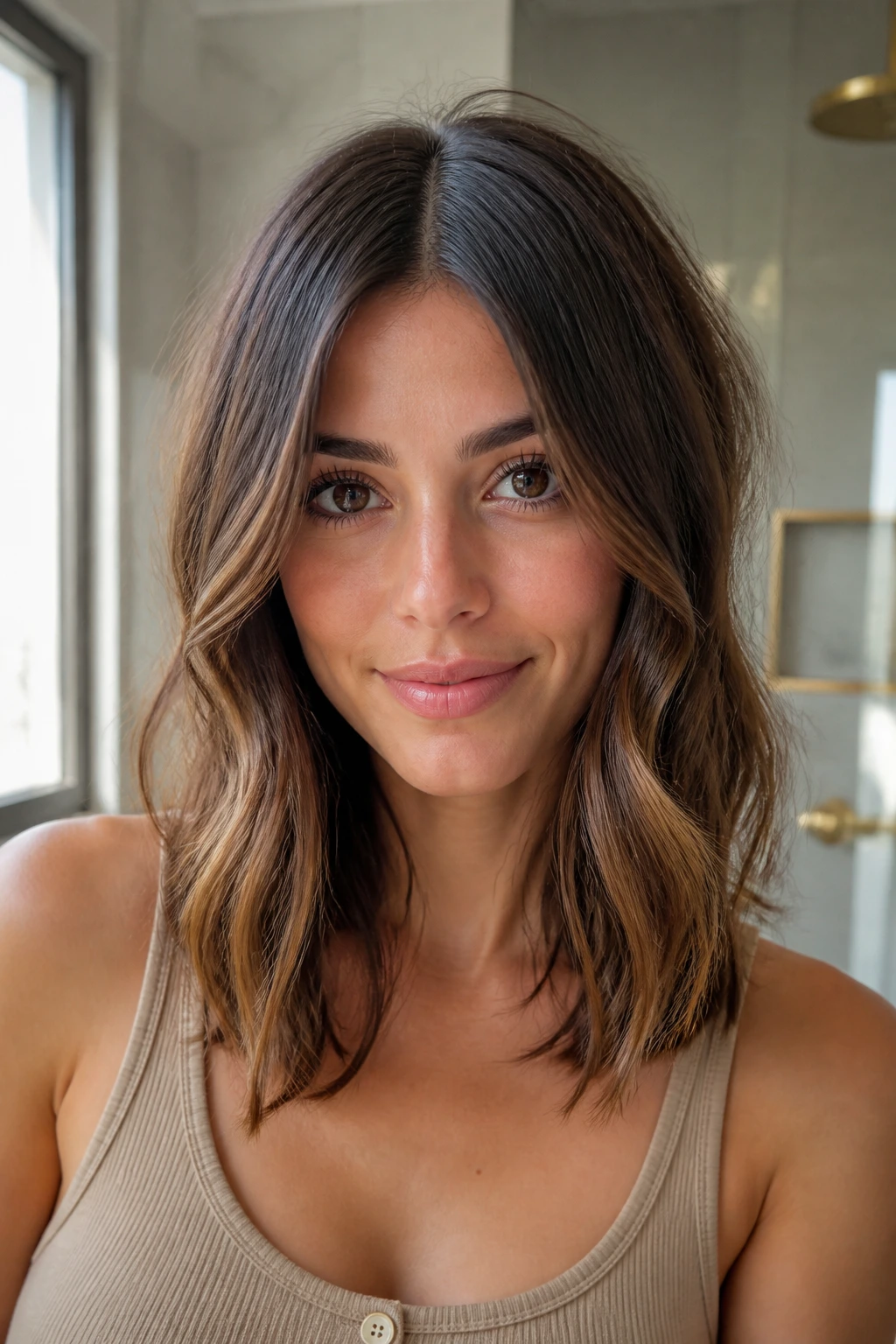 Close-up of a real woman with a wavy lob and middle part in bright natural light.