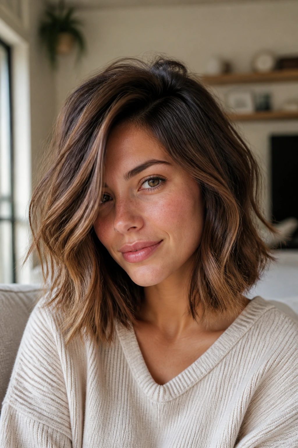 Close-up portrait of a real woman with a wavy lob and side-swept layers, natural light