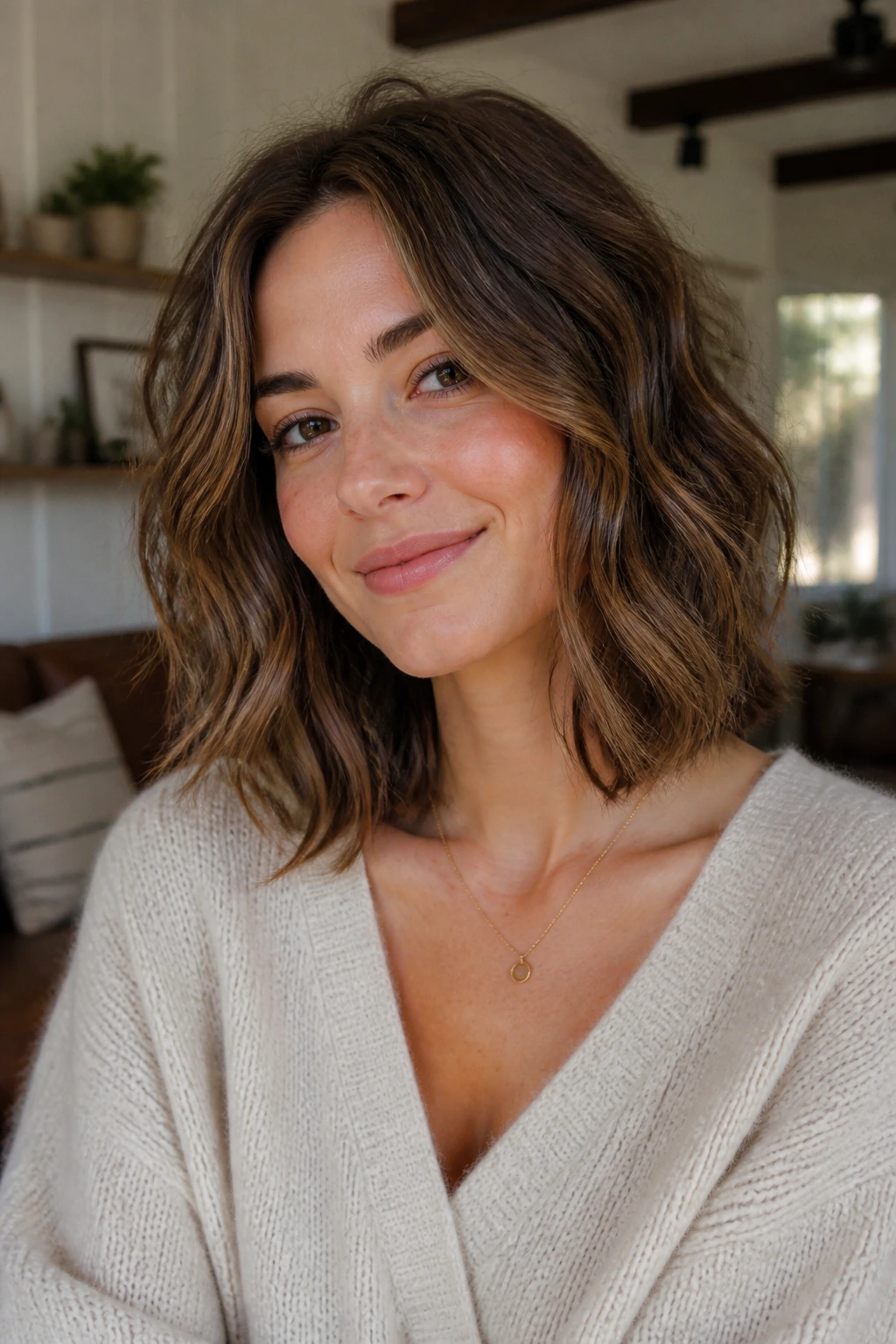 Close-up portrait of a real woman with a wavy long bob and internal thinning in natural light.