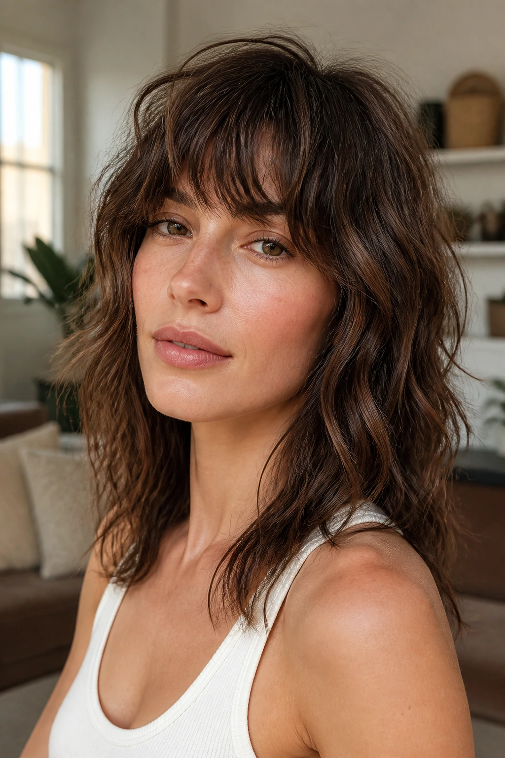Real woman with textured wavy shag bangs in a sunlit living room