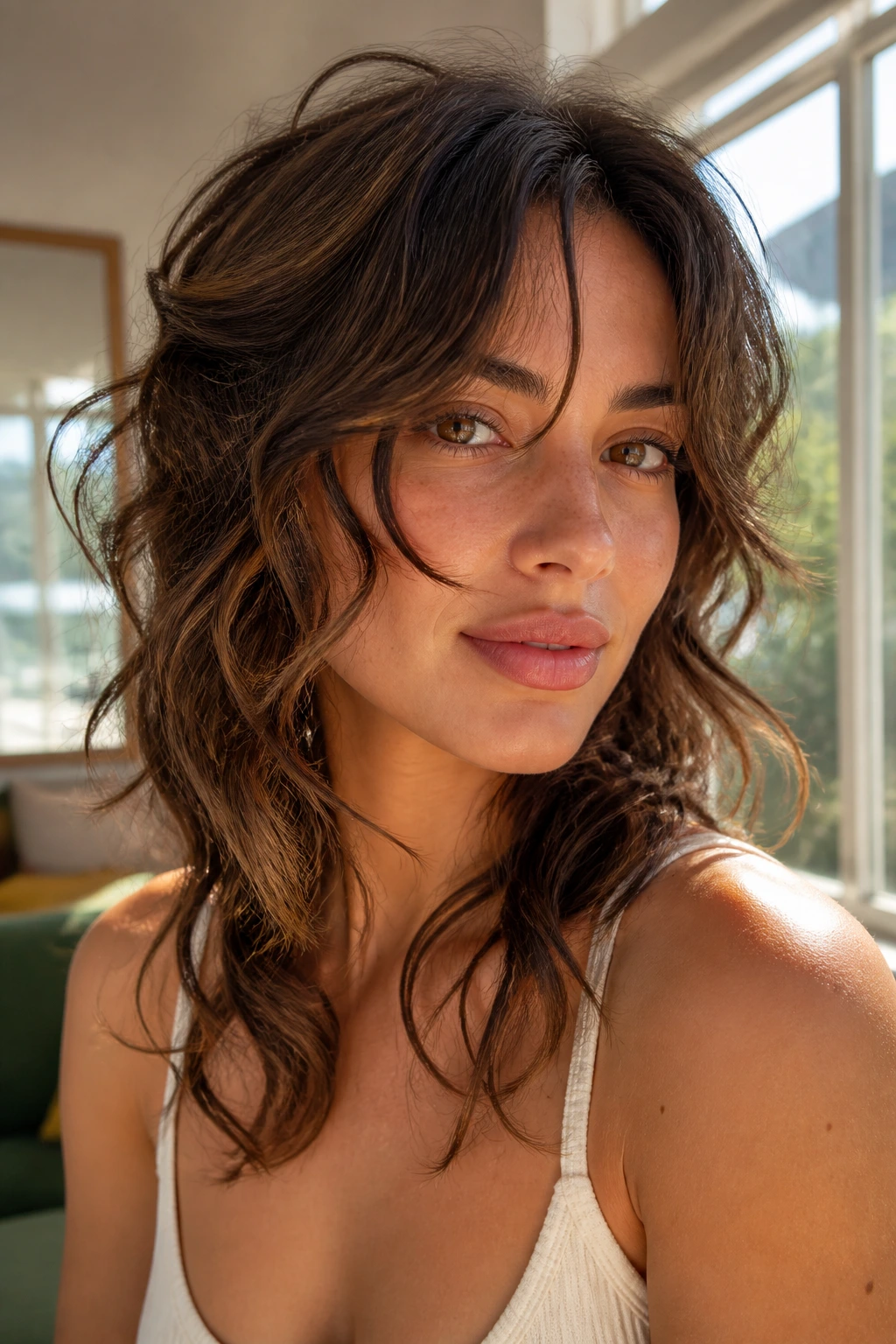 Close-up of a real woman with wavy shag framing tendrils illuminated by natural light