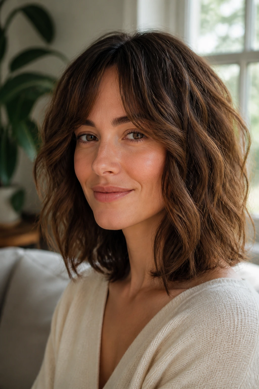 Close-up of a real woman with a wavy shag-lob hairstyle under warm window light
