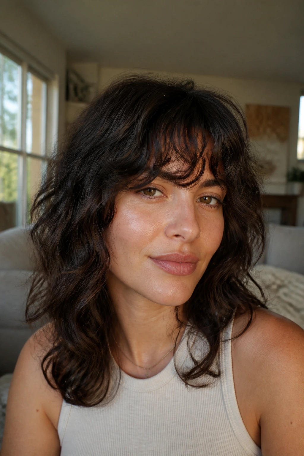 Close-up portrait of a real woman with wavy shaggy bangs in a sunlit living room