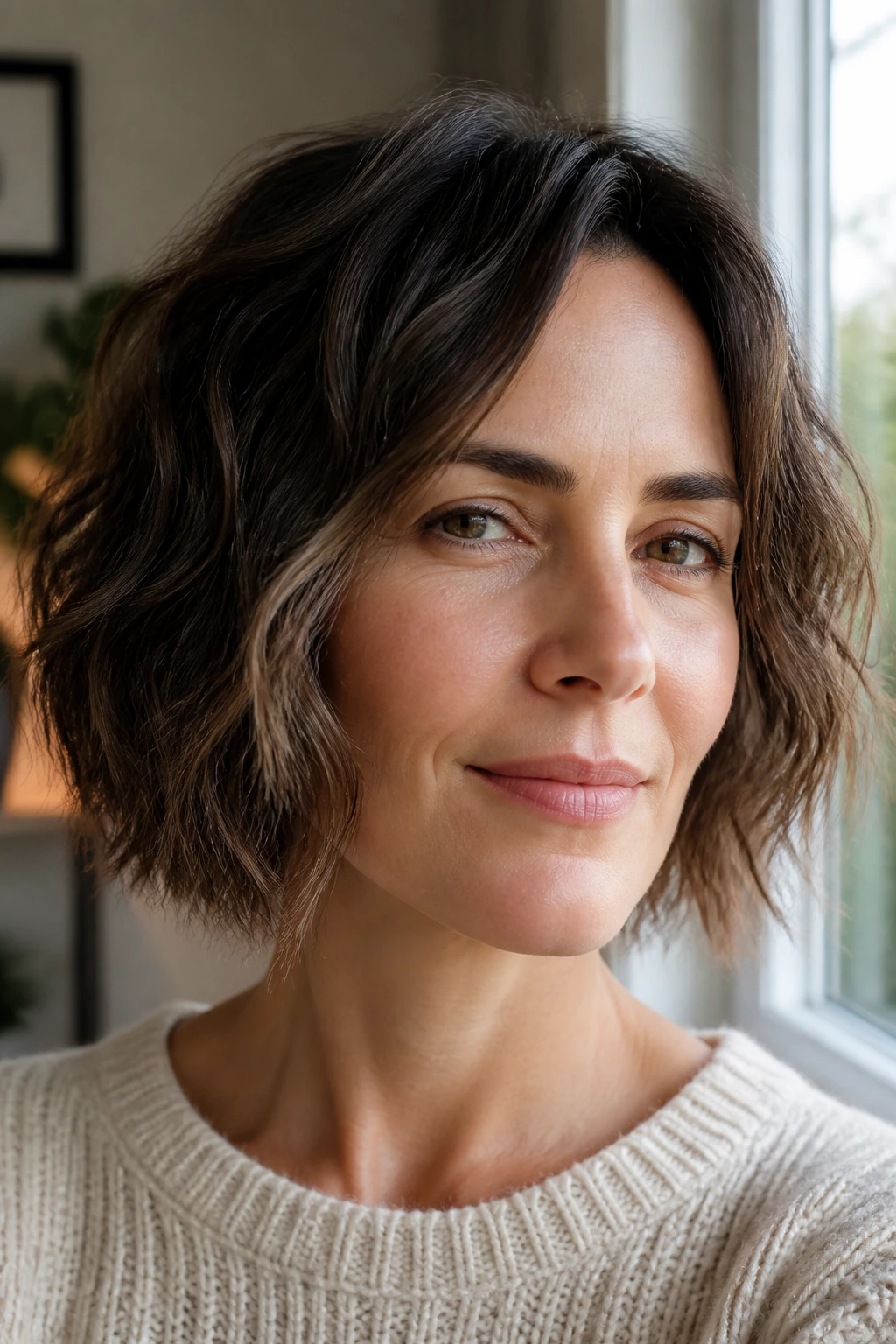 Close-up portrait of a real woman with a wavy shaggy bob and jagged ends