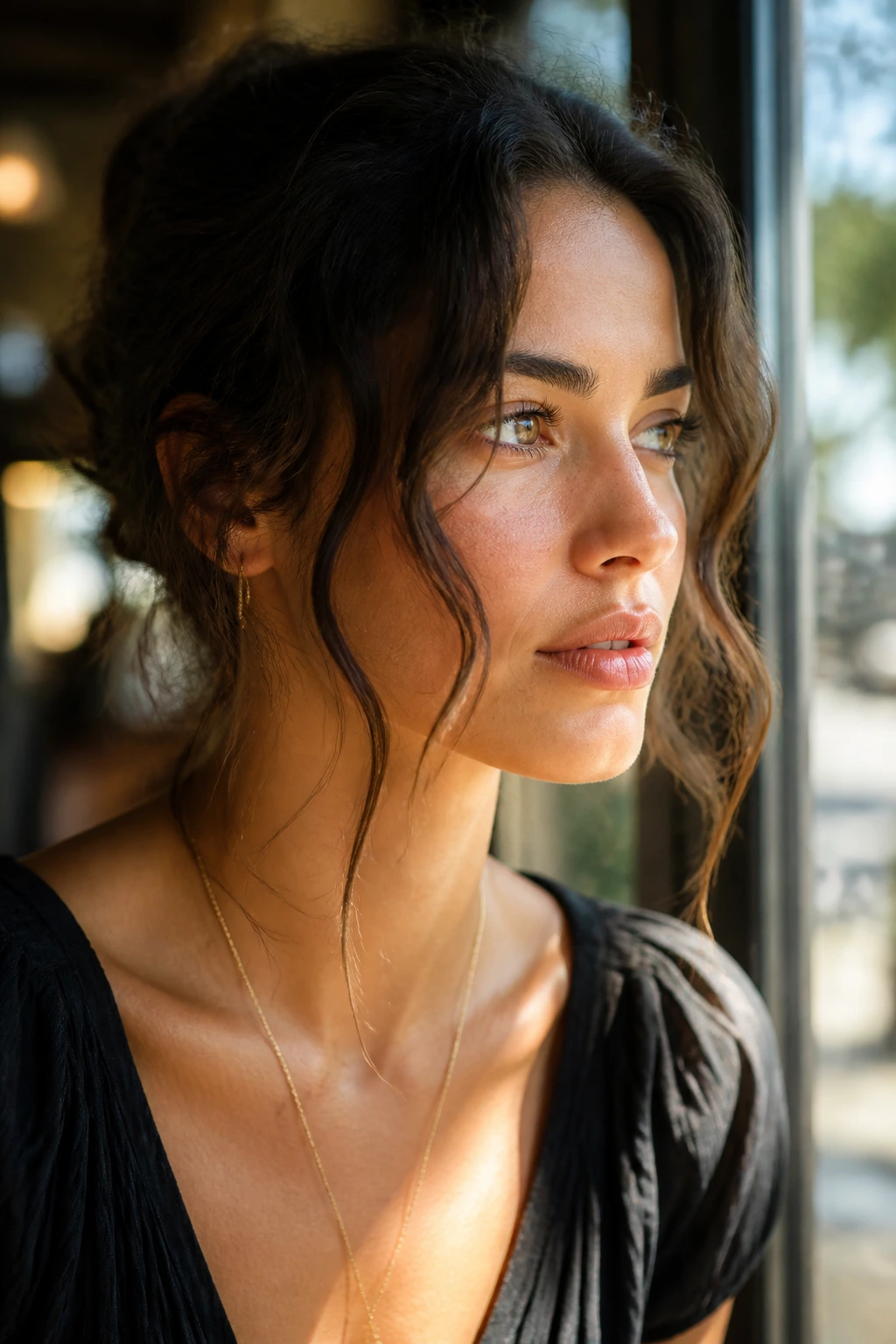 Close-up of a person with wavy tendrils framing the face in sunlit cafe lighting