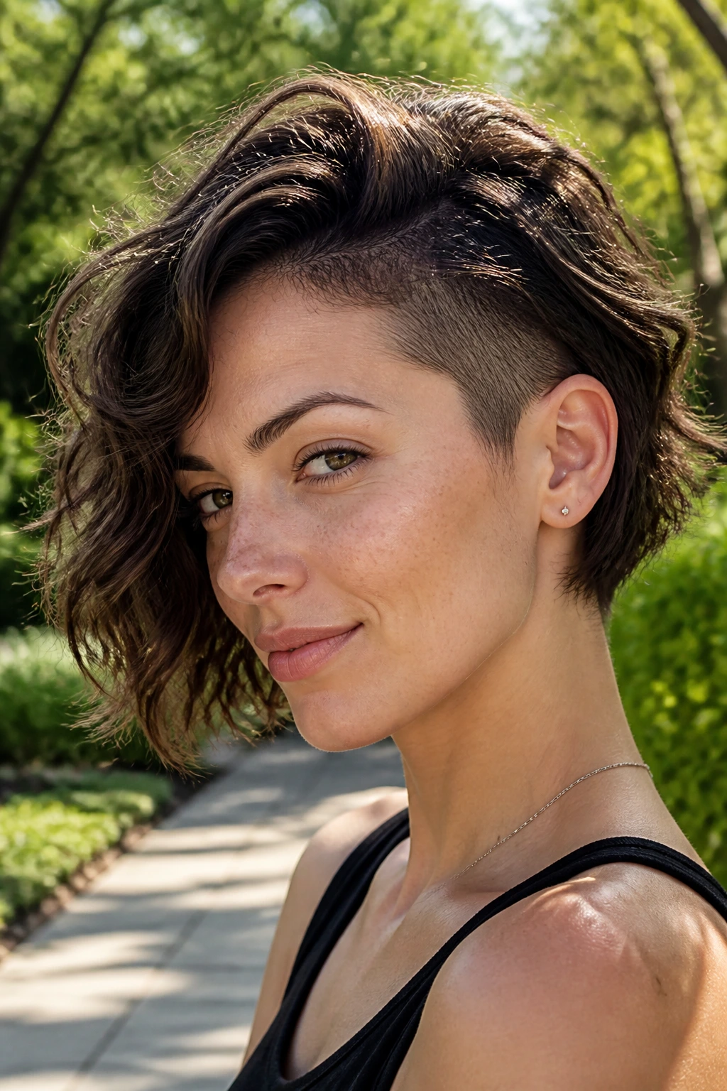 Portrait of a real woman with a wavy undercut bob.