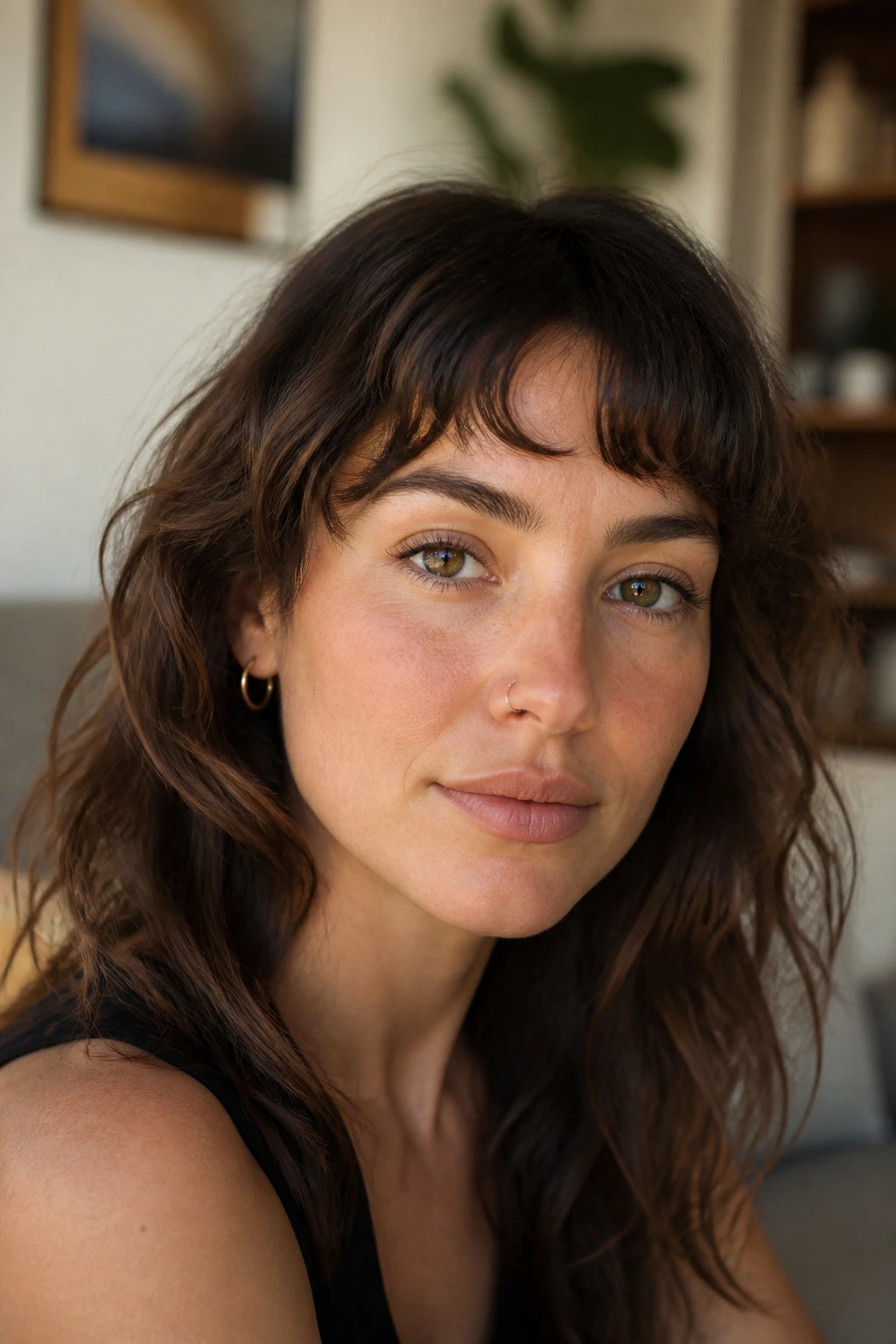 Close-up of a person with wavy undone baby fringe