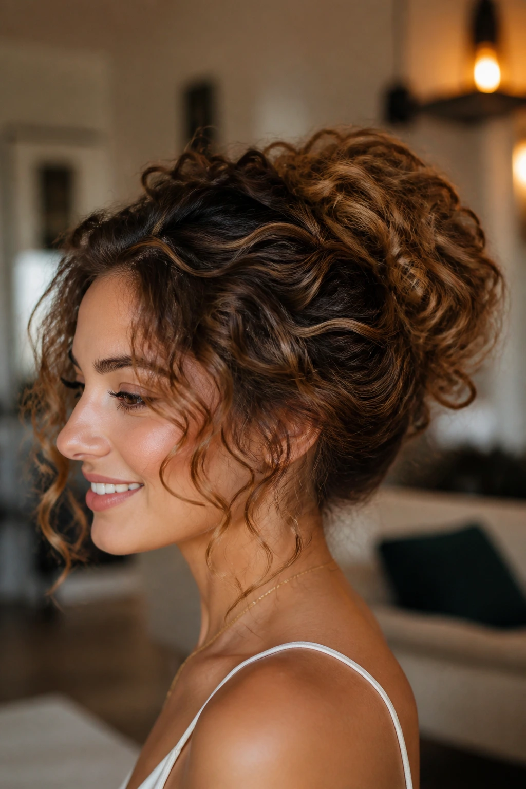 Close-up of a real woman with a voluminous wavy bun made of curls