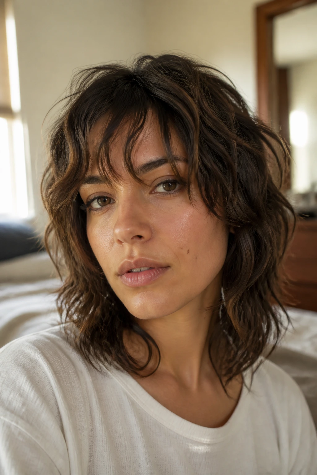 Close-up portrait of a woman with a wavy wolf cut and wispy curtain fringe, natural window light