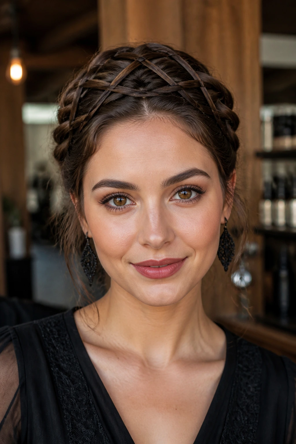 Close-up portrait of a real woman with a webbed braided crown