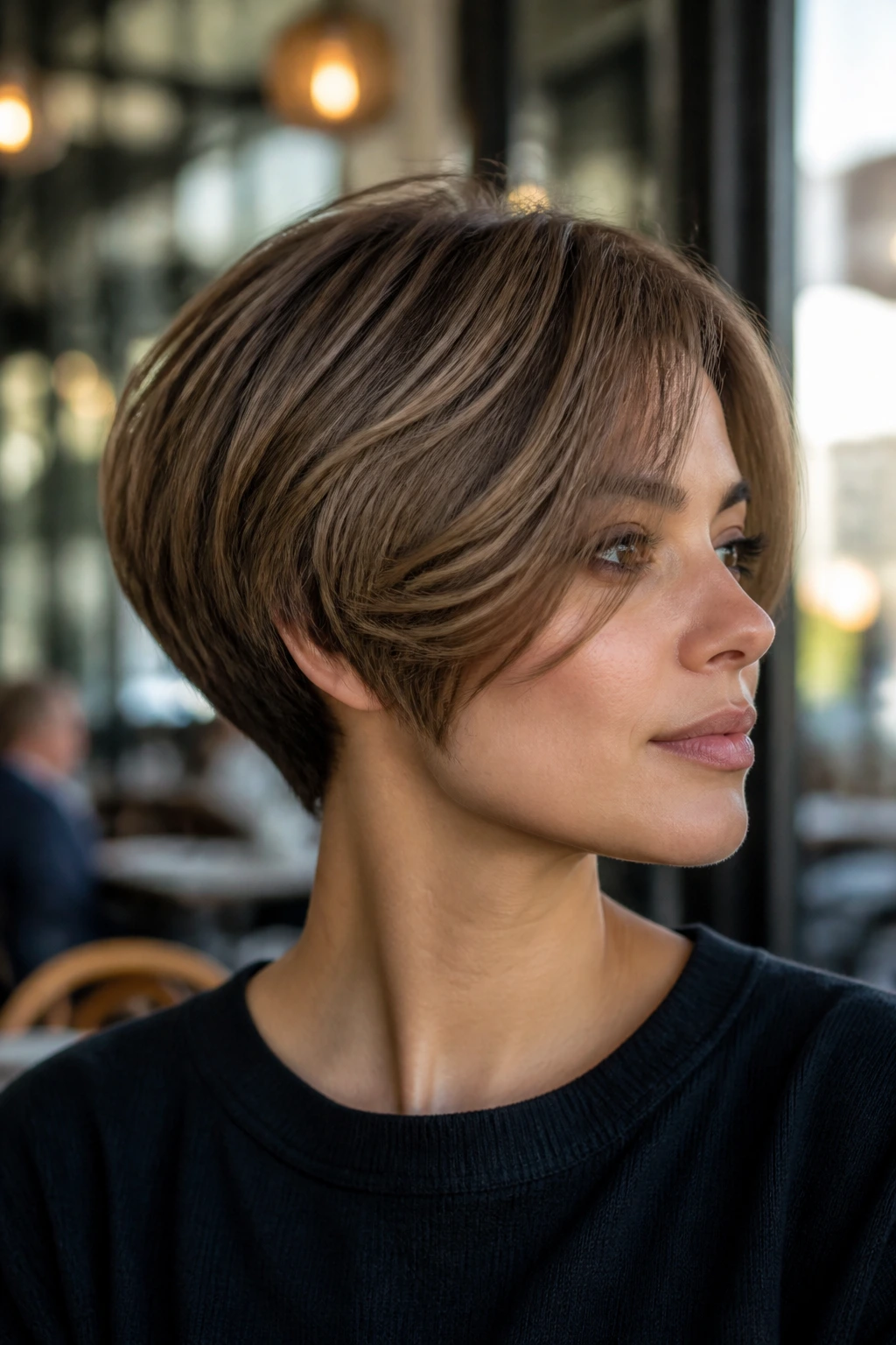 Close-up portrait of a real person with a wedge haircut showing back taper and front pieces