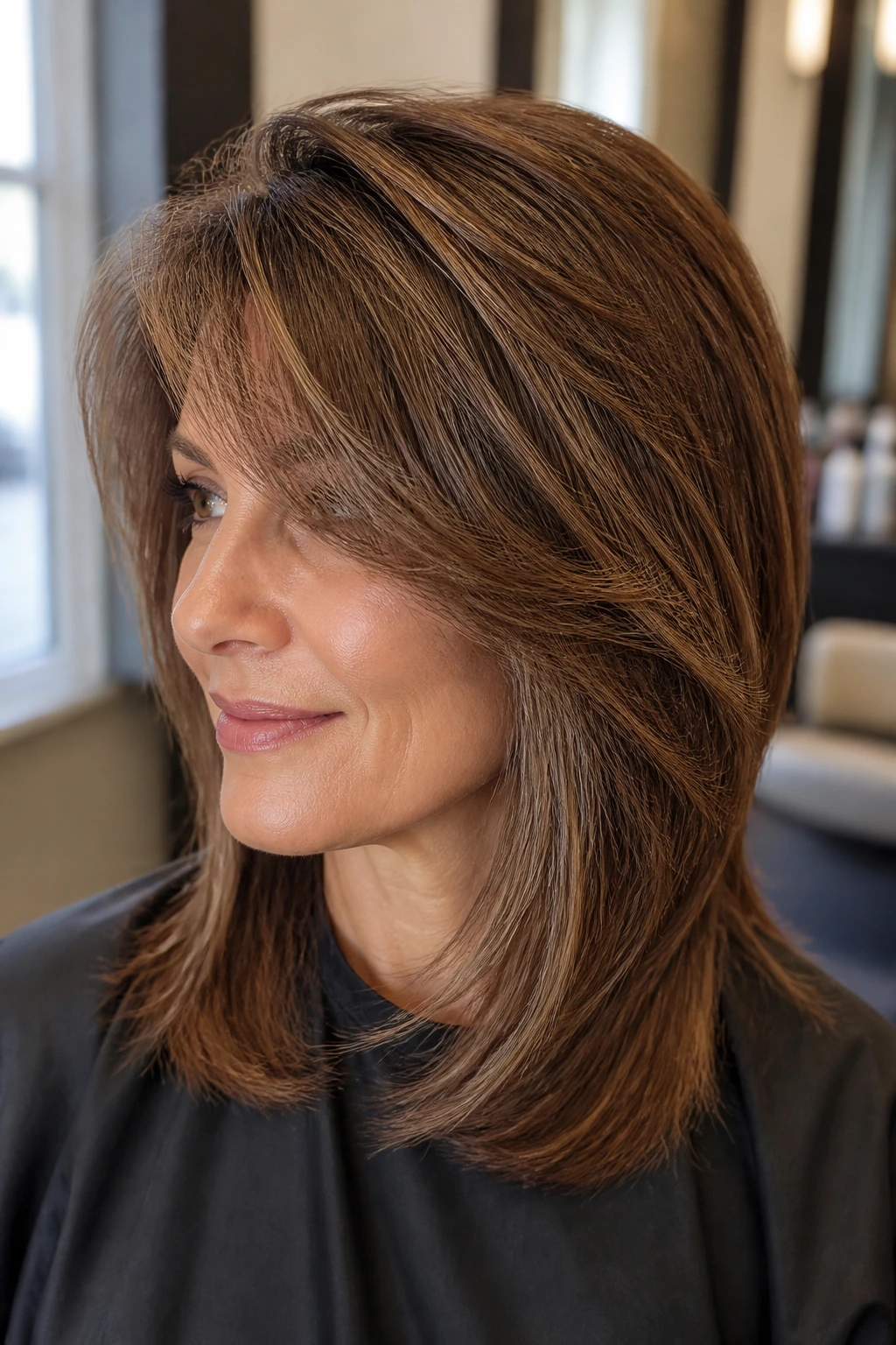 Close-up of a real woman with a wedge haircut featuring hidden micro-layers for volume