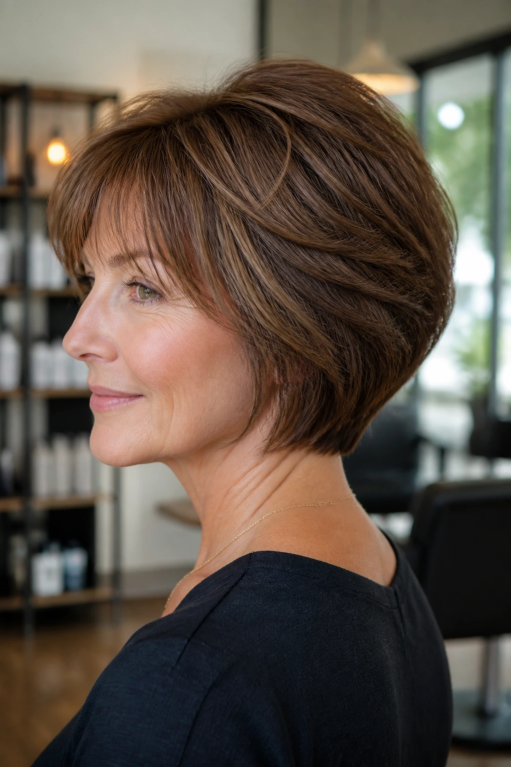 Close-up of a real woman wearing The Classic Long Stacked Wedge hairstyle with stacked back layers.