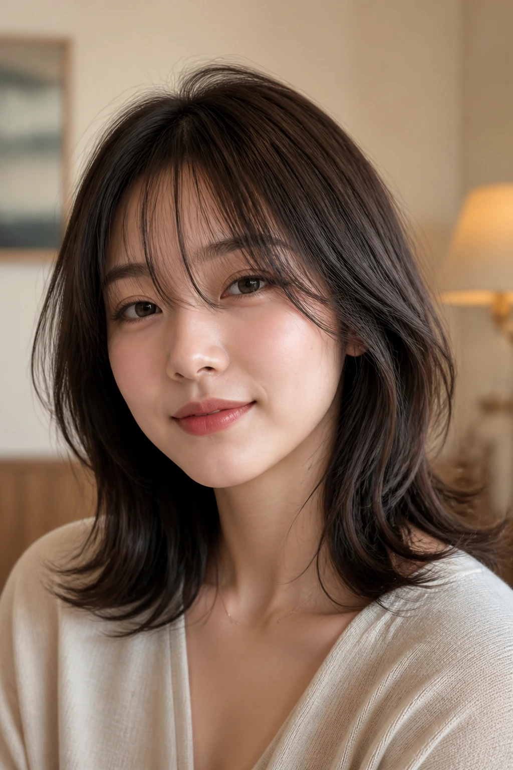 Close-up of a real woman with Wendy Cut with wispy layers at collarbone length.