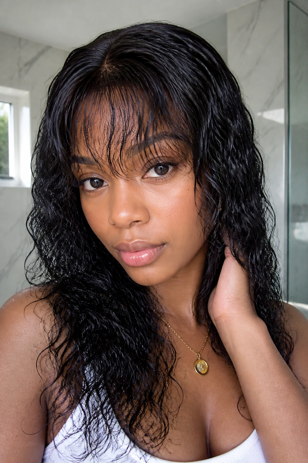 Close-up portrait of real woman wearing Wet and Wavy Lace Front with See-Through Bangs