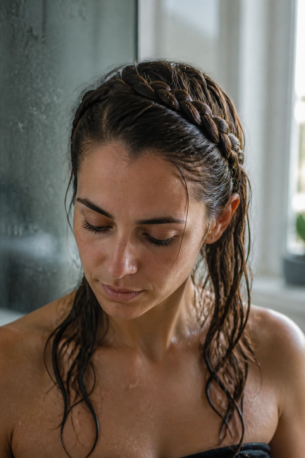 Close-up of a real woman with a wet French braid headband and damp hair