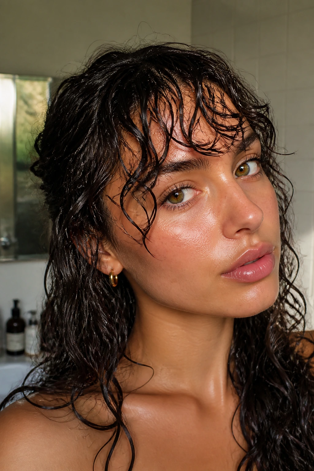 Close-up of a real woman with wispy glossy wet-look bangs.