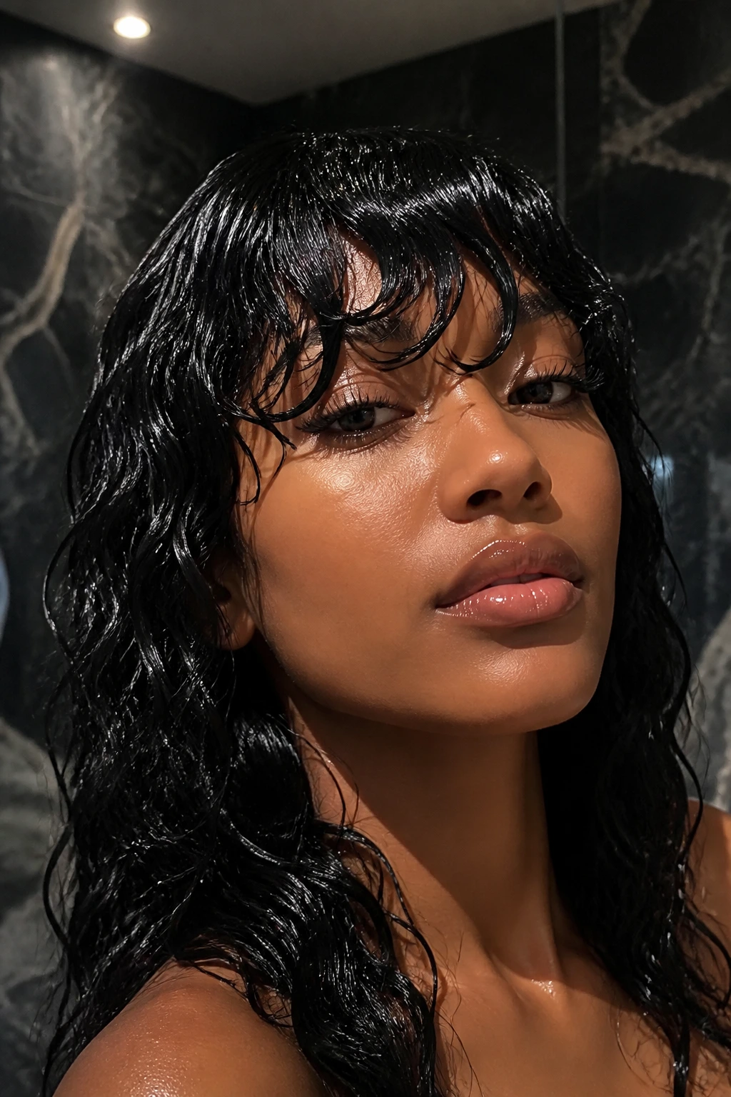Close-up portrait of glossy wet-look bangs hugging the forehead
