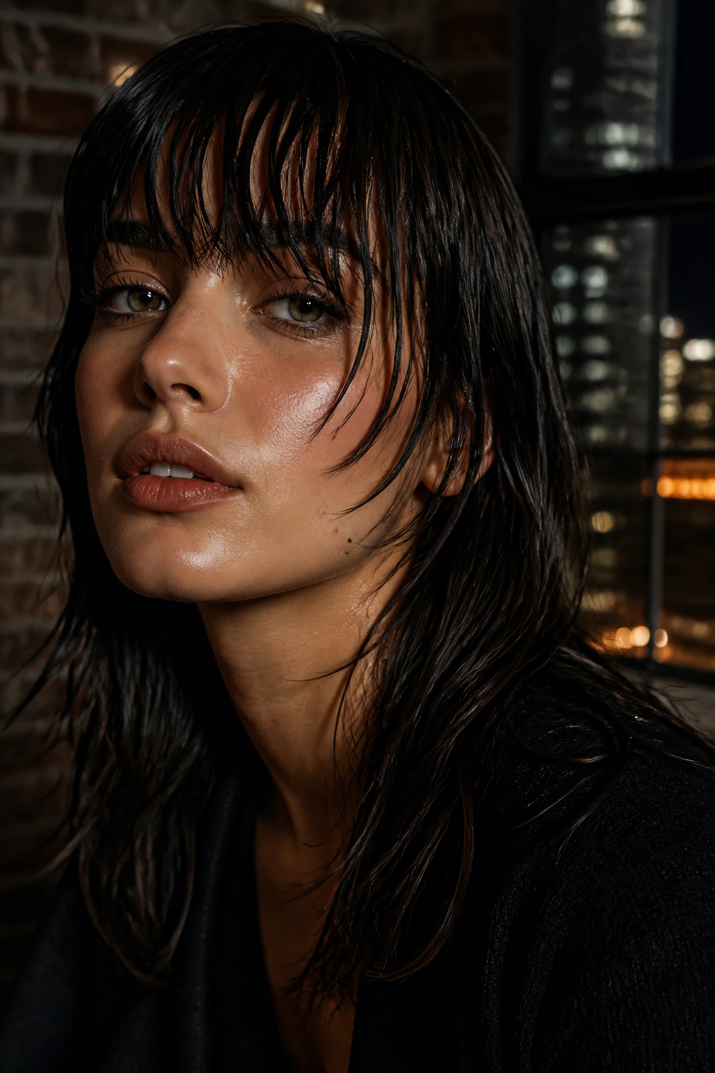 Close-up of real woman with piece-y wet-look bangs