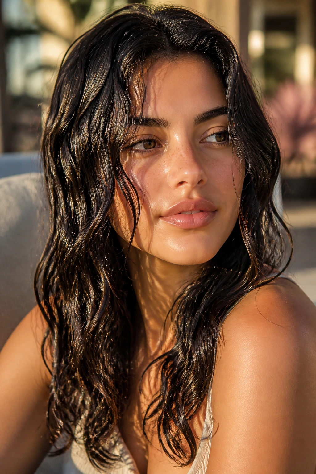 Close-up of a real woman with glossy wet-look beach waves outdoors at golden hour