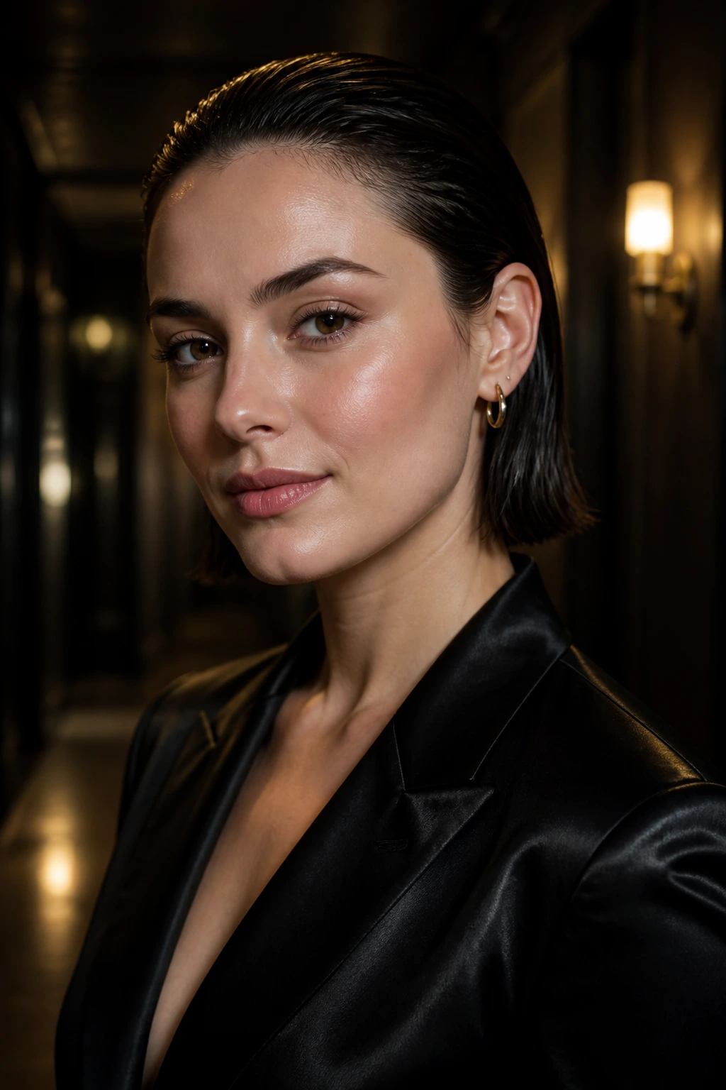 Close-up of a woman with a wet-look slicked-back bob in a dim hallway
