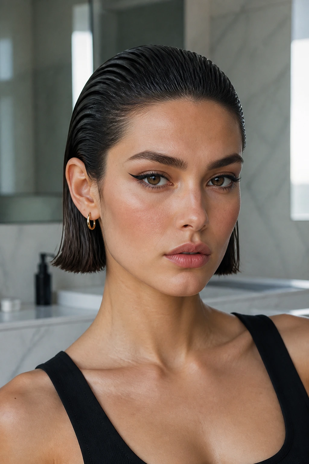 Real woman with glassy wet-look blunt bob, front view