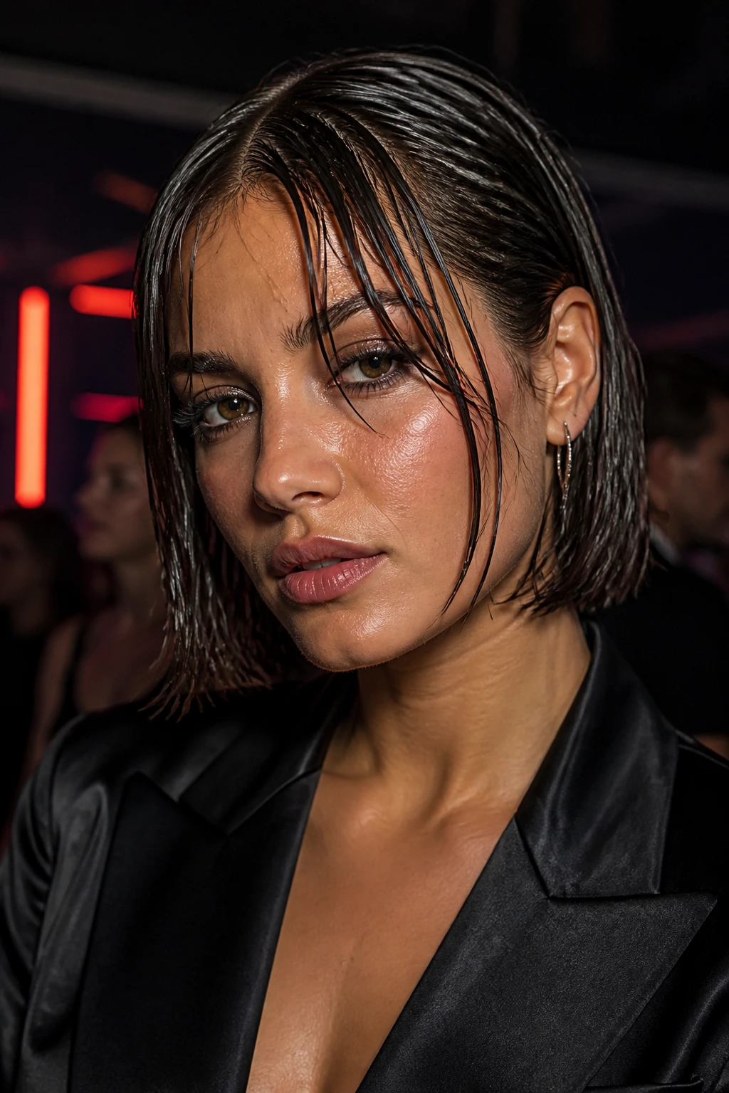 Close-up of a real woman with a glossy wet-look bob and forward curtain bangs