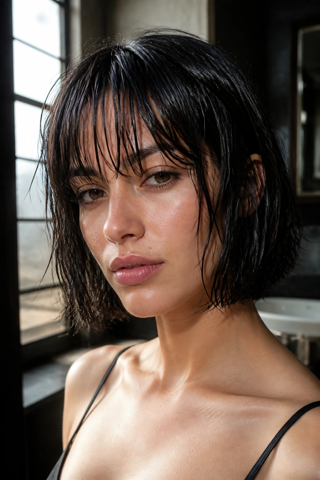 Close-up of a real woman with a glossy wet-look bob and fringed bangs