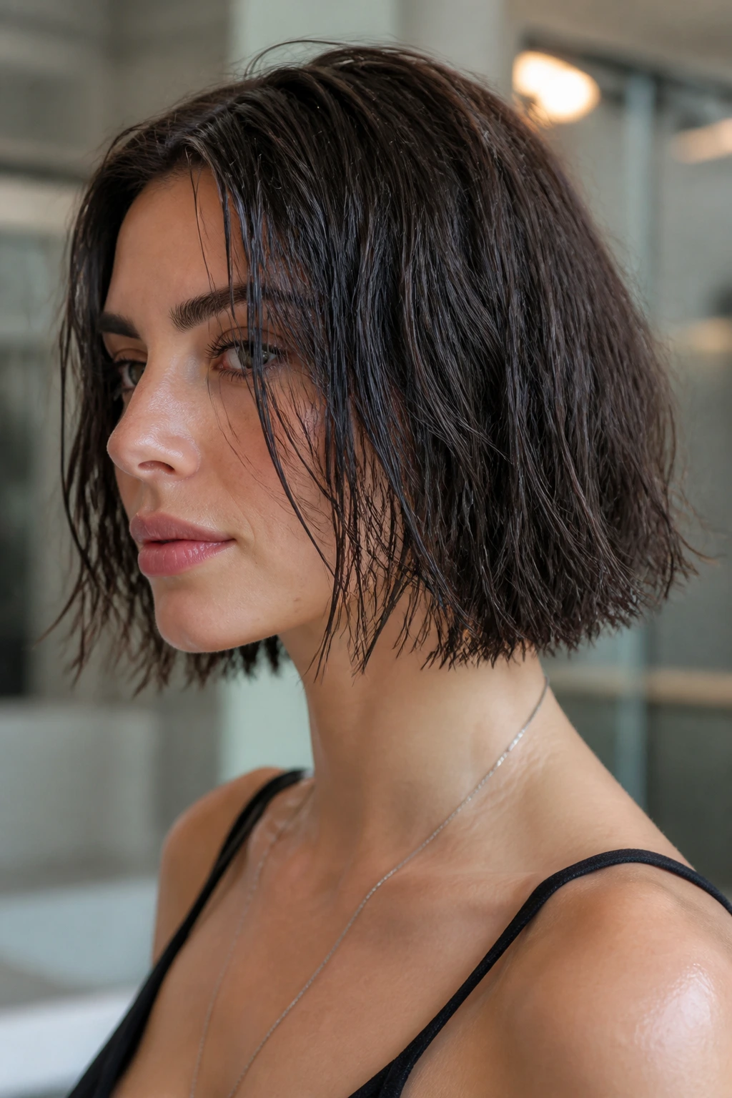 Close-up of a real woman with a wet-look bob going dry and frizzy