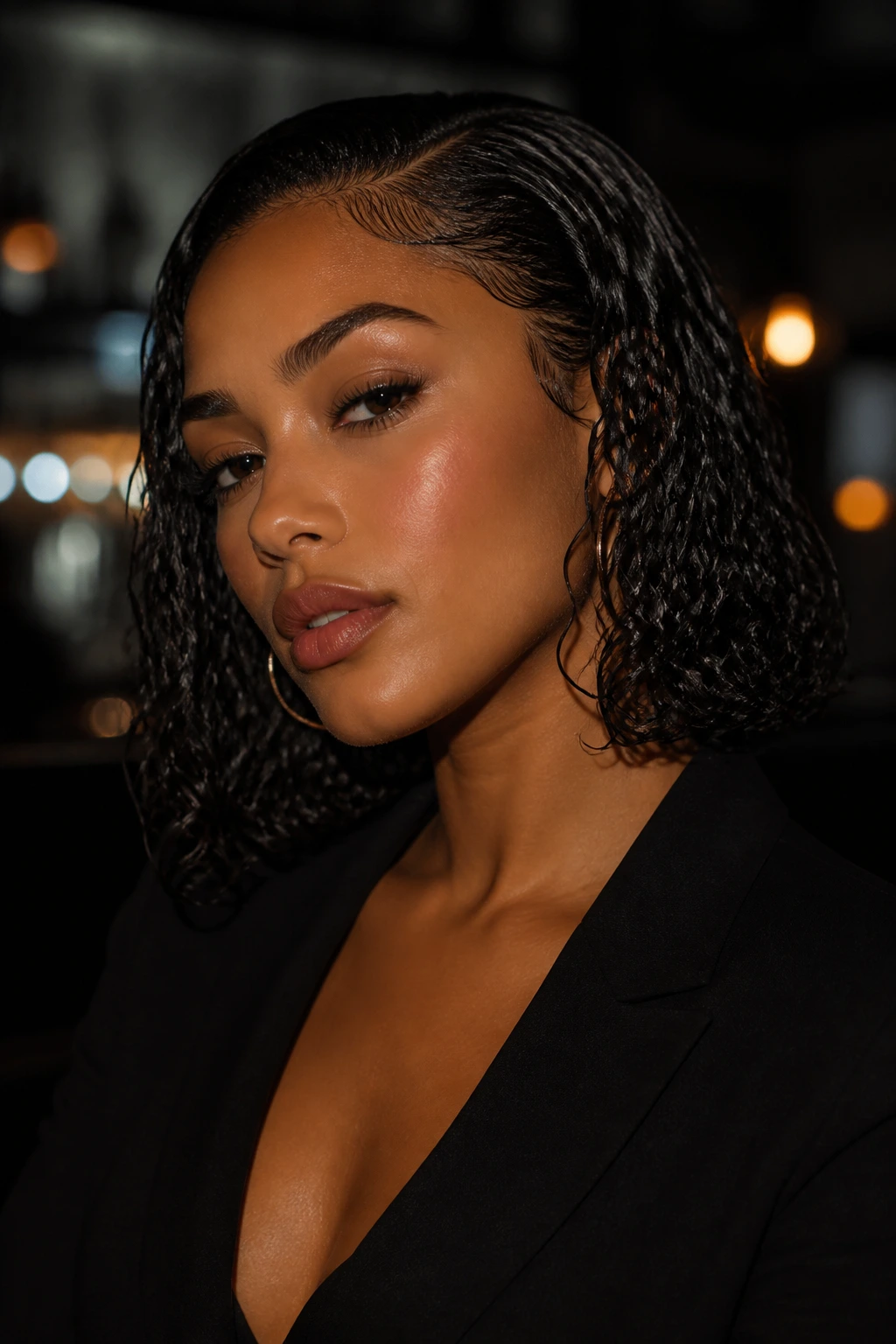 Glossy wet-look bob hairstyle on a real woman in moody indoor lighting