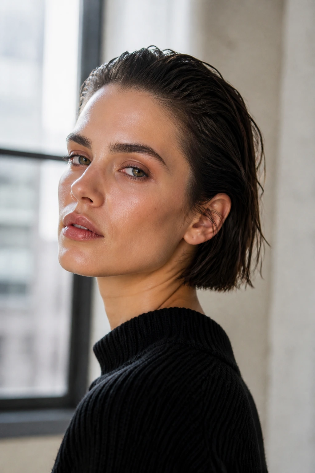 Close-up portrait of a real woman with a wet-look bob and gel-slicked hair.