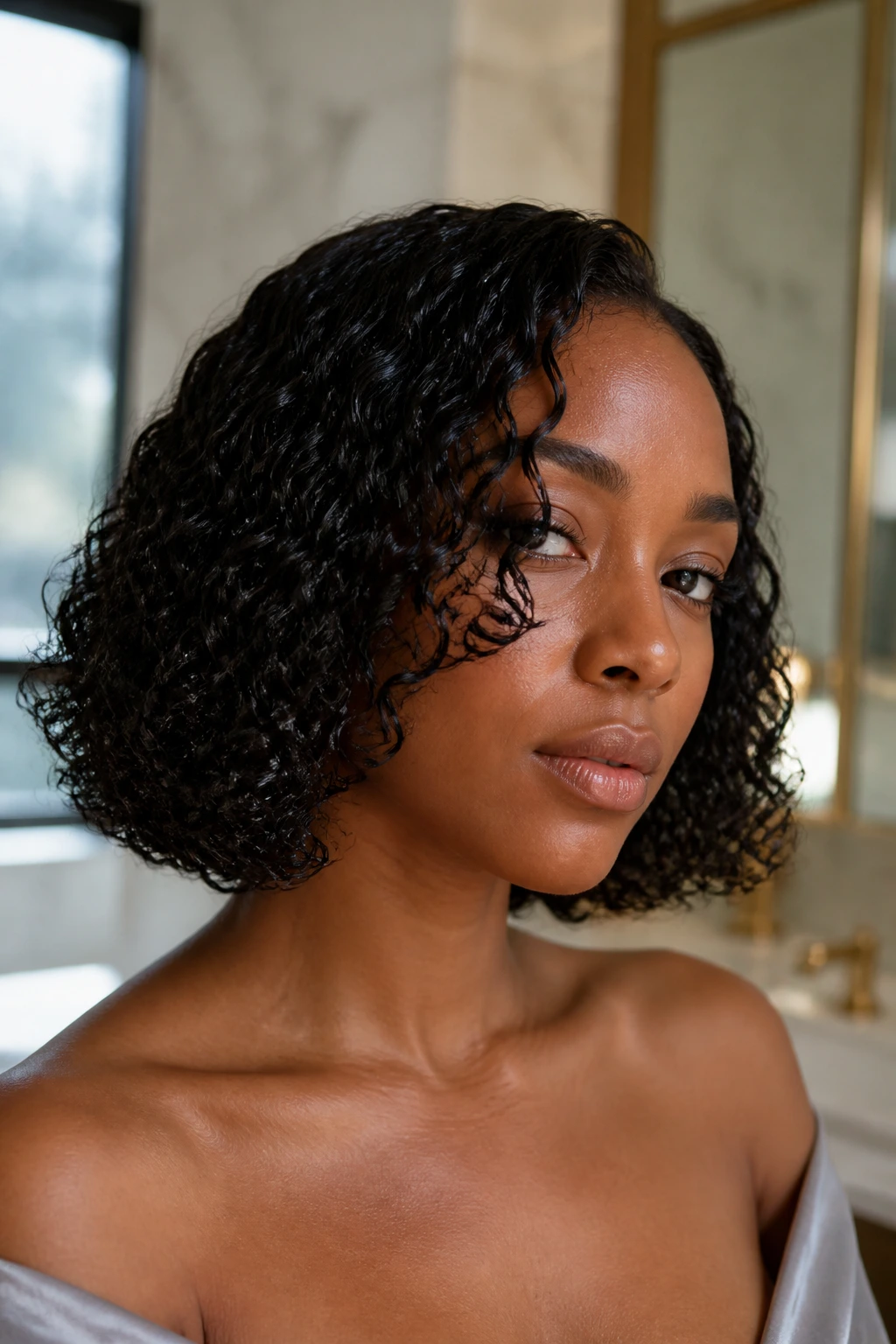Close-up of a real woman with a glossy damp bob filling the frame in a luxe bathroom