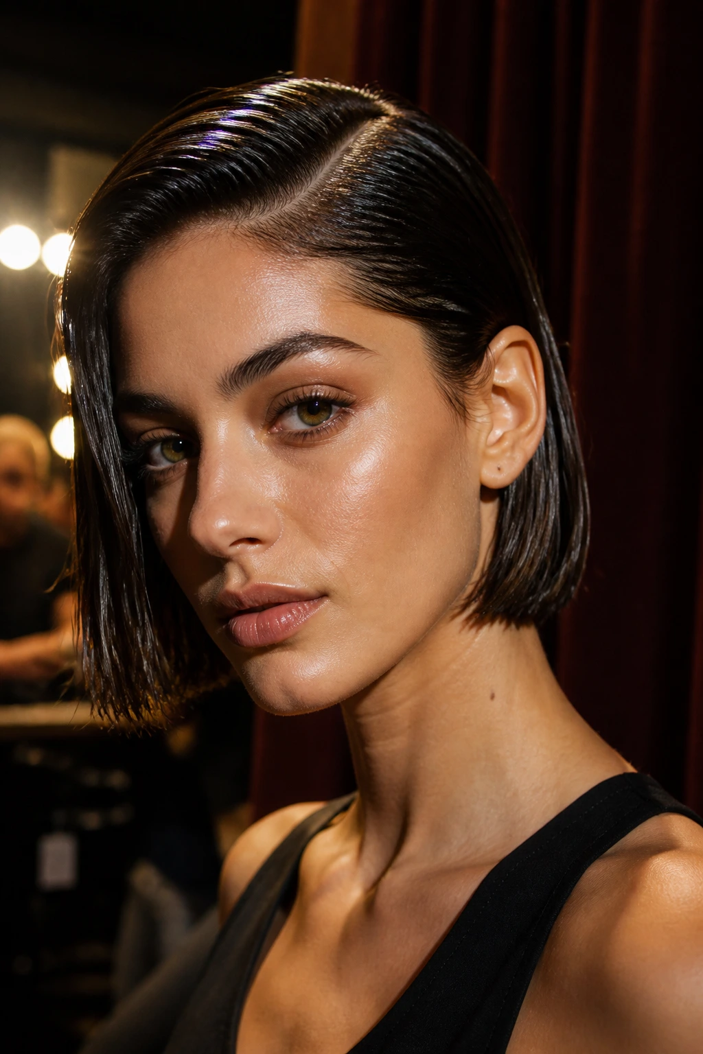 Close-up of a real woman with a glossy wet-look bob and deep side part