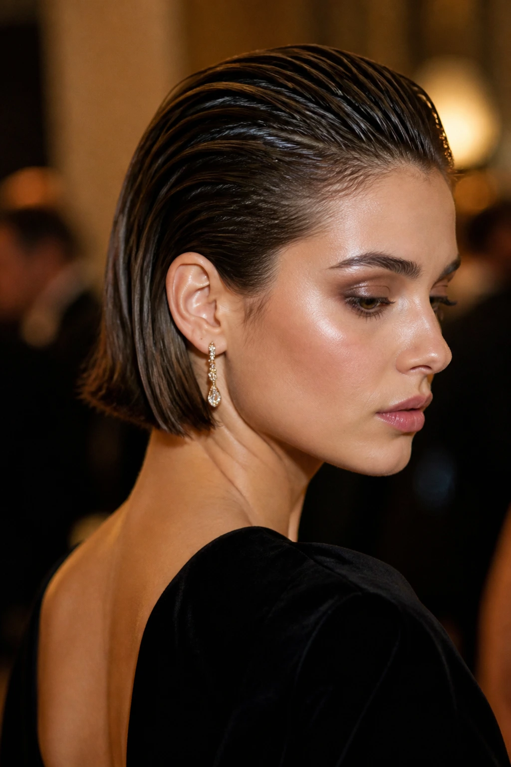 Close-up of a woman with a slicked-back wet-look chin-length bob, glossy and sculpted